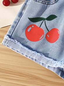 Shorts vaqueros casuales y urbanos de lavado claro con estampado de cerezas, cómodos y con cintura elástica, versátiles para el verano, para niñas preadolescentes