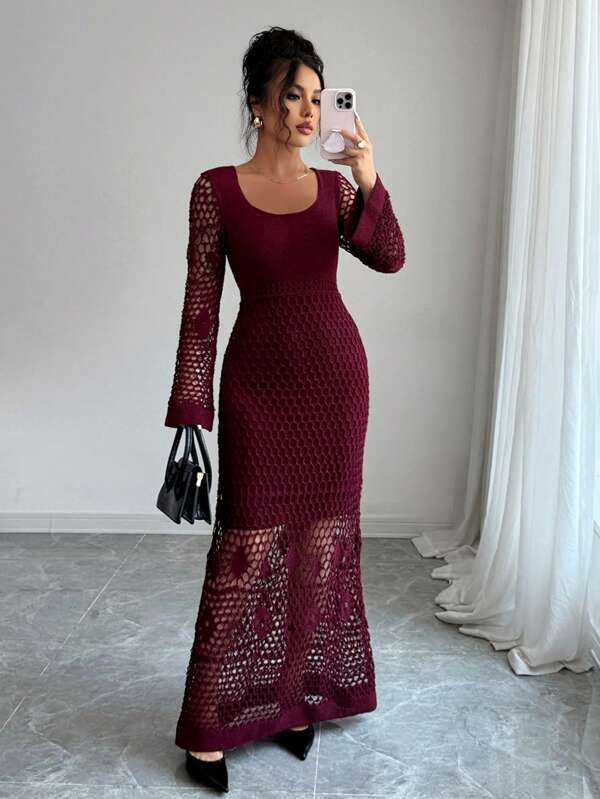 Elenzga Damen elegantes Cut Out gestricktes Blumen Langarm Pulloverkleid mit U-Ausschnitt, Abschlussfeier Saison