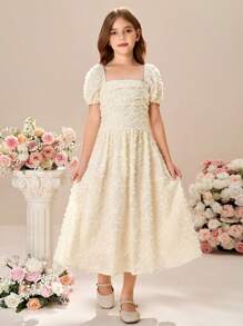 Tween Girl Woven Square Neck Puff Sleeve Fitting Elegant Dress - Beige - View 1
