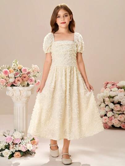 Tween Girl Woven Square Neck Puff Sleeve Fitting Elegant Dress
