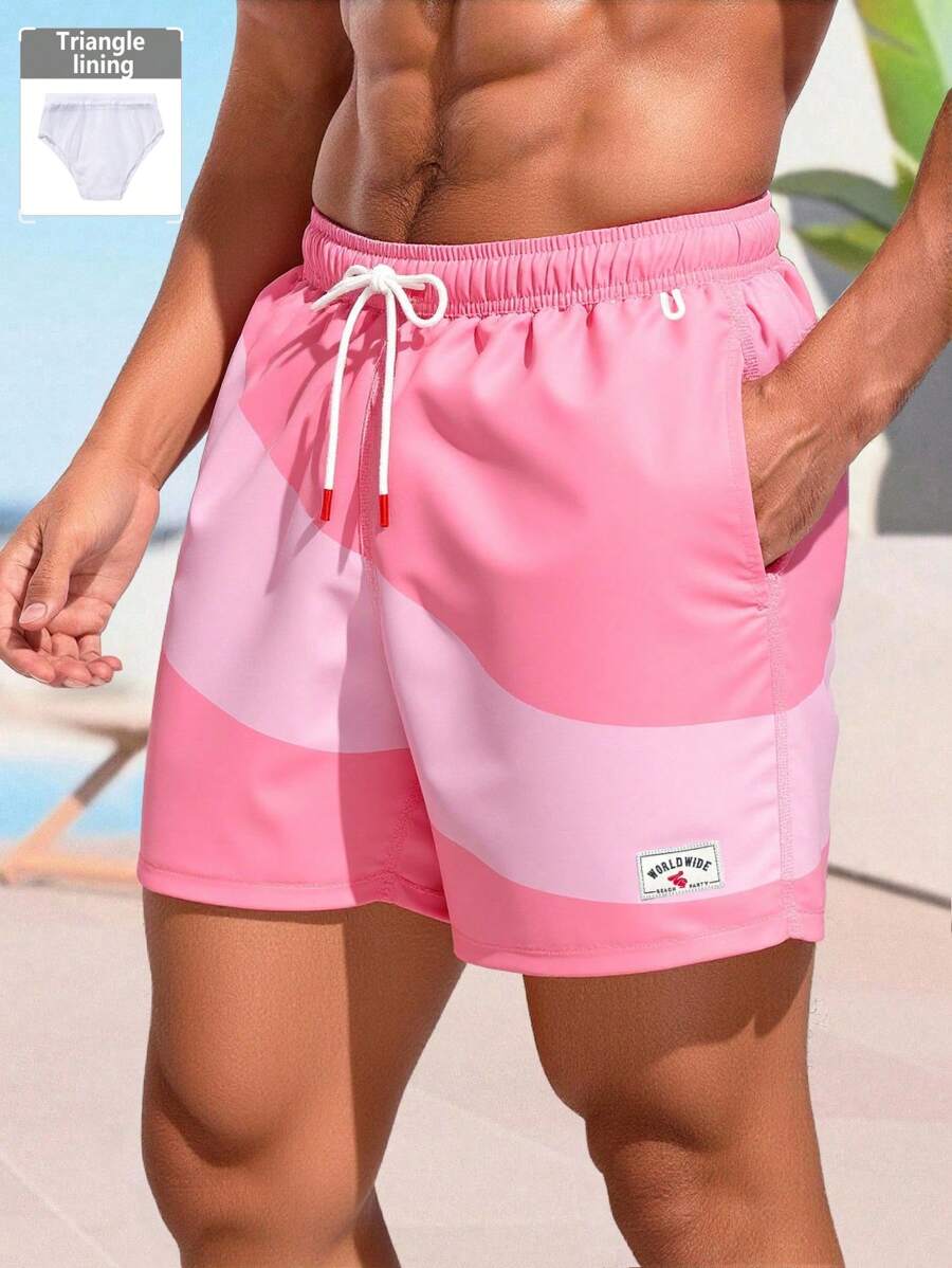 Manfinity Swimmode Pantaloni scurți de plajă roz, casual, cu model patchwork, pentru bărbați
