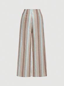 SHEIN MOD Quần vải lanh sọc màu lạc đà cho nữ, quần dài đi nghỉ theo phong cách Bohemian - Lạc đà - Xem 2