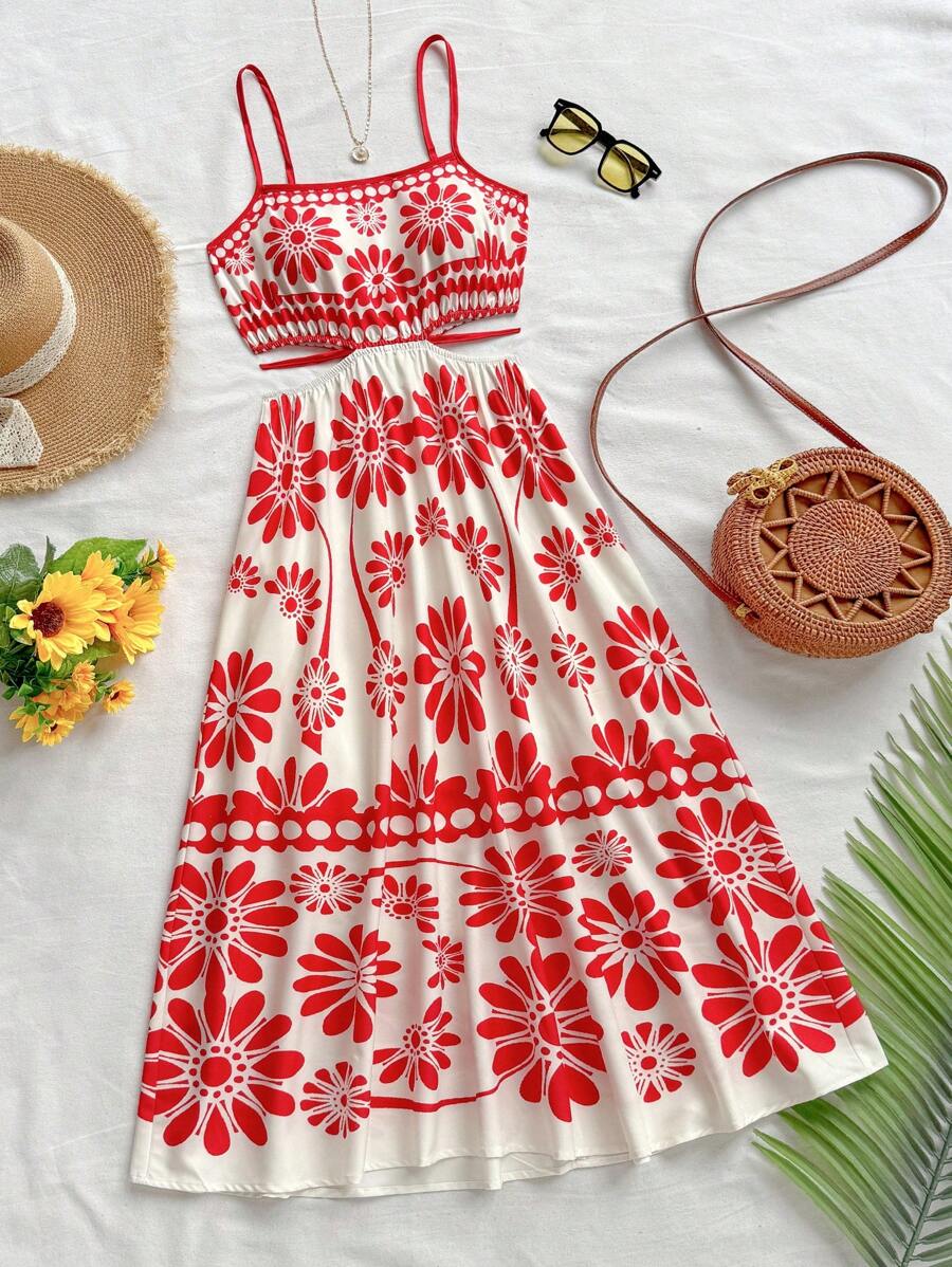 Soleia 女式夏季度假热带花卉印花 A 字型中长连衣裙，后腰系带 - 紅白色 - 查看 1