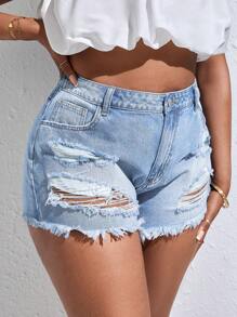 SHEIN PETITE CURVE Pantalones cortos vaqueros azules con efecto desgastado y talla grande para mujer, conjunto de vestimenta de verano, para el 4 de Julio, Día de la Independencia, shorts de talle alto, jeans de talle alto, shorts vaqueros de vaquera, con cintura elástica