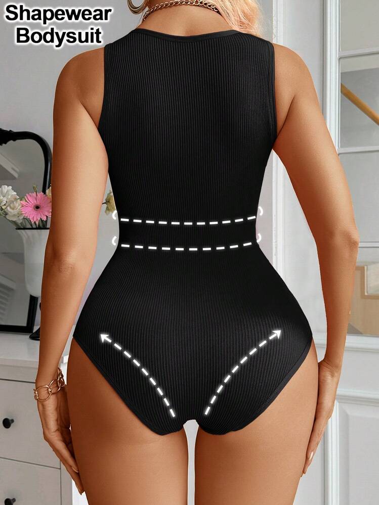Women Casual Solid Color Crew Neck Sleeveless Body Suit , Briefs With Buckle Design ,Ribbed Tummy Control Seamless Tank Top Bodysuit - Black - View 2