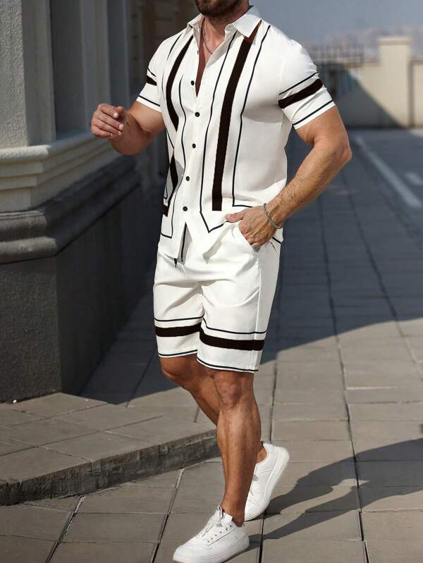 Manfinity Homme Conjunto de camisa y pantalones cortos casuales para hombre con rayas de contraste