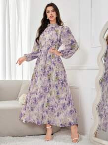 Modelyn Abito lungo elegante da donna con maniche lunghe e stampa floreale, con collo alto, adatto per eventi serali