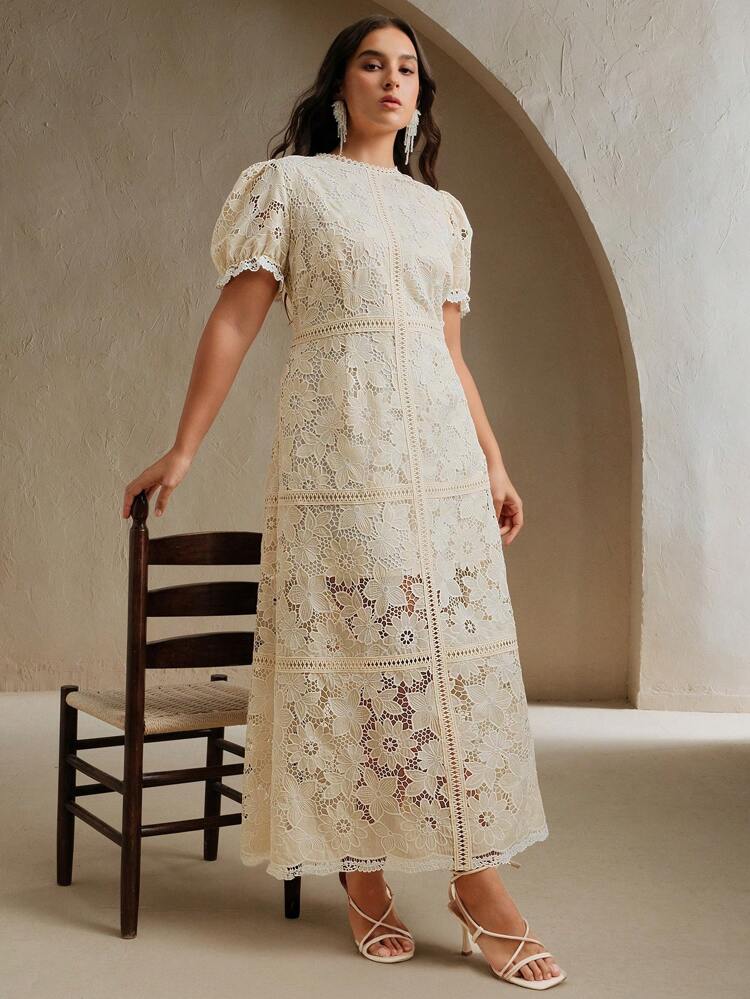 Elegant Plus Size Apricot Lace Midi Dress With Half Sleeves And Round Neckline