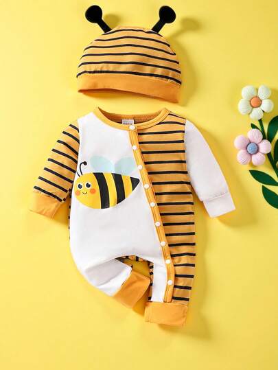 SHEIN Playful Pals Baby Boys' Bee Pattern Striped Color Block Long Sleeve Romper With Stylish Hat, Autumn