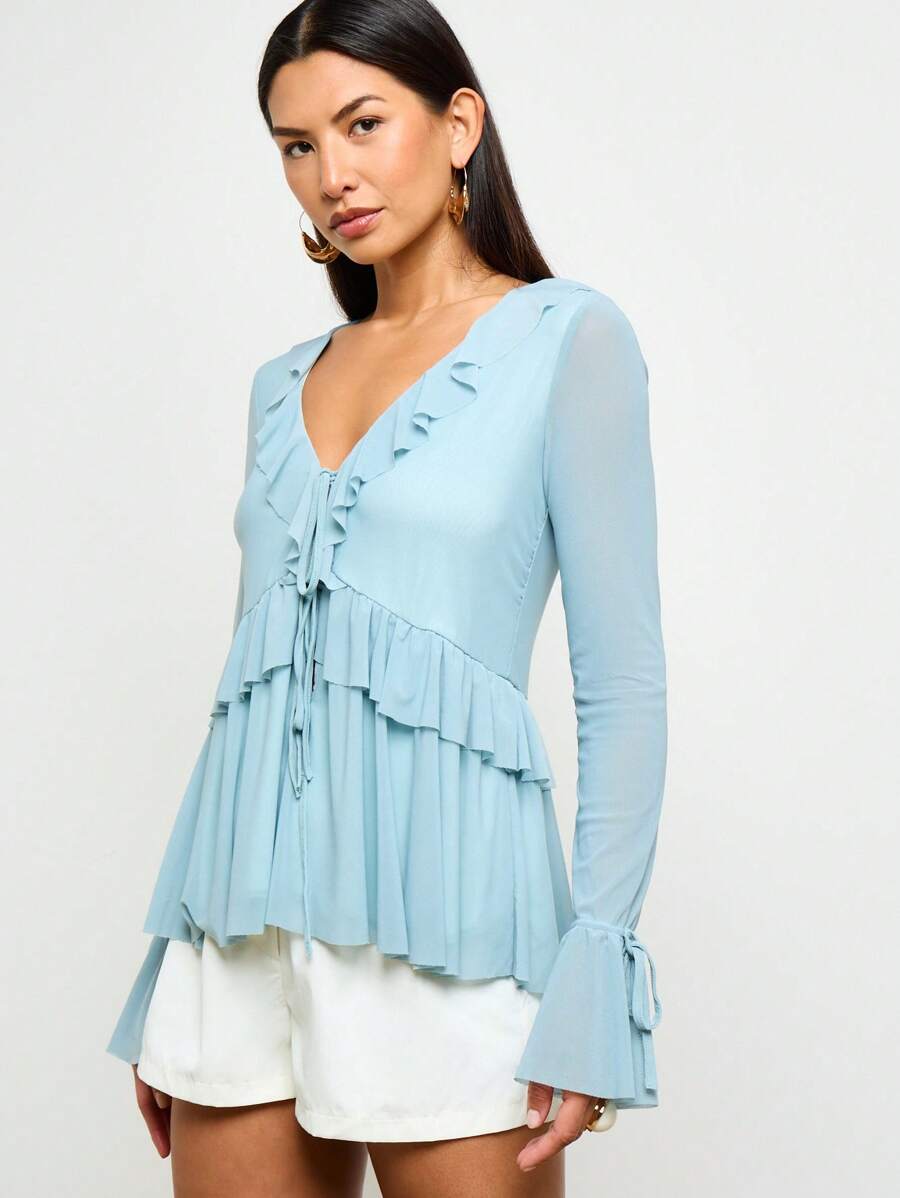 AiiRZ Ruffle Front Blouse Long Bell Sleeve Boho Peasant Top Occasion Casual Party Holiday Spring Summer