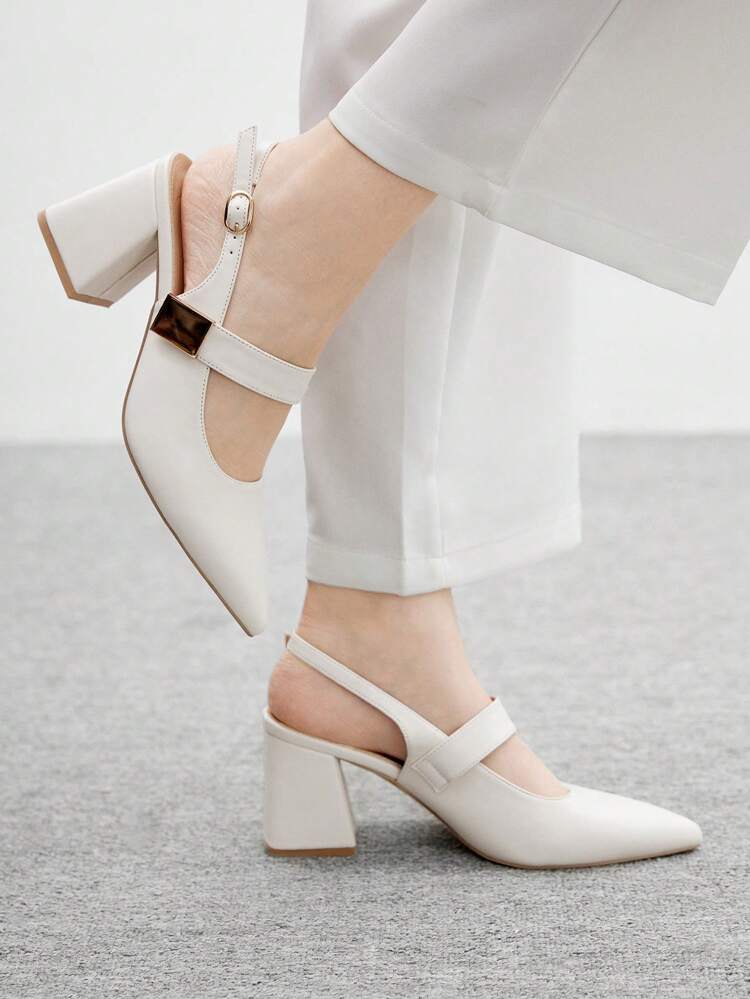 CUCCOO BIZCHIC Women's Fashion White Metal Buckle Decoration Chunky Mid Heel Pumps, Classic Minimalist For Work, Date, Party, Holiday, Wedding For Christmas Spring Shoes