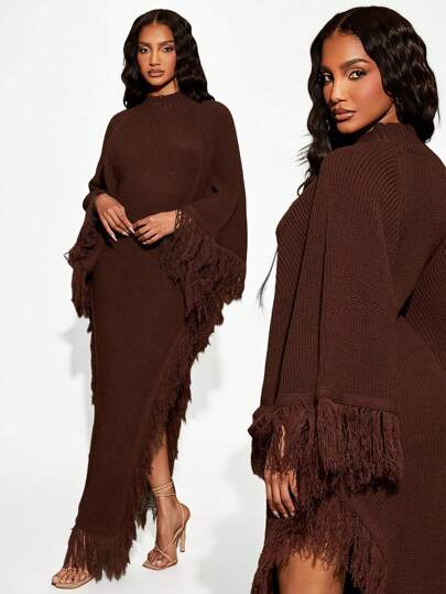 SHEIN X Phaith Montoya SHEIN SXY Kapuzen-Rollkragen-figurbetontes asymmetrisches personalisiertes Quasten-Weitarm-Langarm-Sweaterkleid für Herbst/Winter