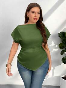 Firerie Camisa informal de manga corta con botones de unicolor para tallas grandes - Verde - Ver 4