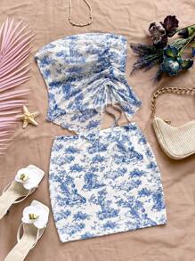 SHEIN Set di top a canotta con orlo asimmetrico arricciato e minigonna casual e minimal per ragazze adolescenti, comodo