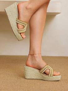Styleloop Sandalias de mujer con plataforma y cuña, tacón de bloque, cadena metálica, y estilo de chanclas - Dorado - Ver 6