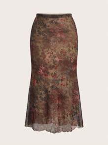 SHEIN x PRISCILA & JIMENA ROMWE PUNK 頹廢搖滾花和佩斯利圖案木耳邊網紗覆蓋魚尾短裙