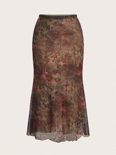 SHEIN x PRISCILA & JIMENA Grunge Floral & Paisley Print Lettuce Trim Mesh Overlay Mermaid Hem Skirt
