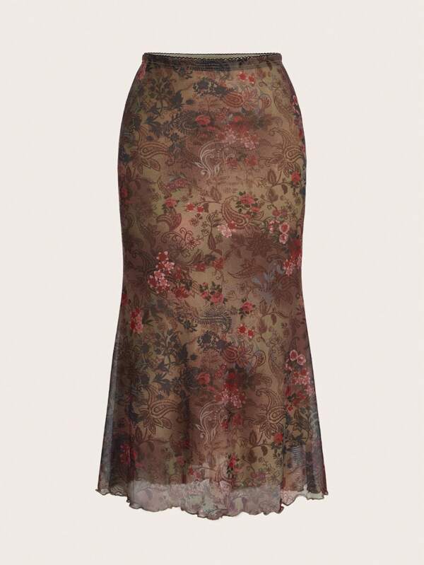 ROMWE PUNK Grunge Floral & Paisley Print Lettuce Trim Mesh Overlay Mermaid Hem Skirt