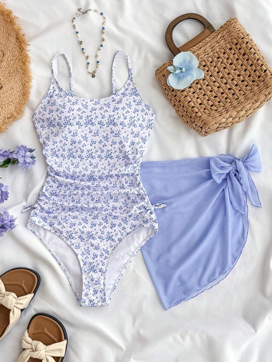 SHEIN Teen Girls Blue White Vacation Ditsy Floral Side Bow Decor Casual One-Piece Swimsuit With Cover-Up Skirt Beach Outfit Tween Swimsuit Blue Floral Tween Swimsuit Set Two Piece Swimsuit With Cover Up Blue And White Floral Swimsuit - Blue and White - View 1