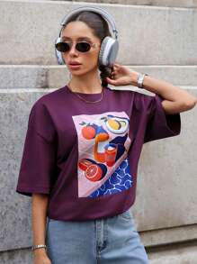 SHEIN Camisetas de mujer de manga corta con detalles impresos de unicolor