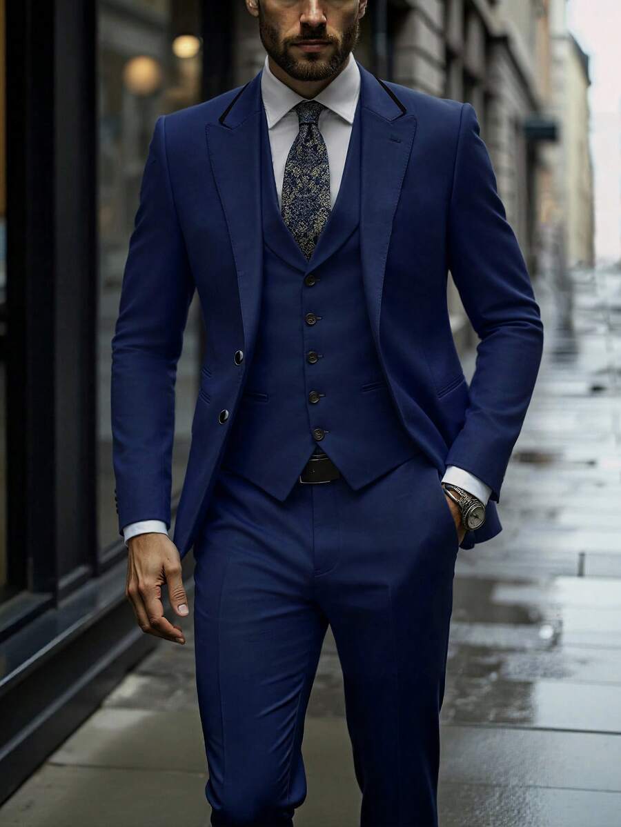 Manfinity Mode 男士休闲商务翻领西装外套和西裤套装 - 藏蓝色 - 查看 1