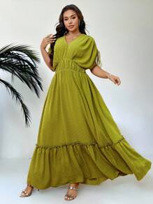 Modelyn 大码女式纯色抽绳蝙蝠袖短袖荷叶边下摆优雅连衣裙 - 綠色 - 查看 7