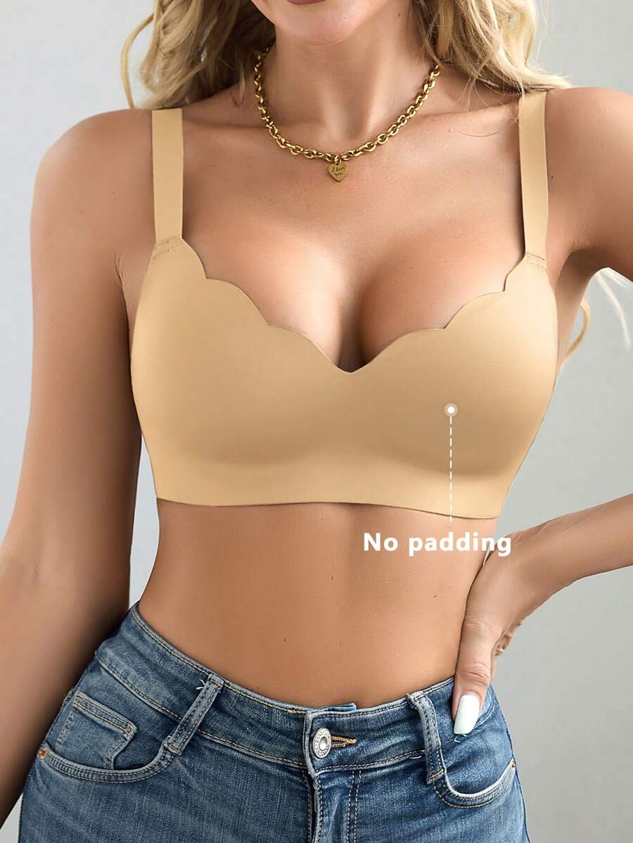 1 件装 无缝简约波浪边纯色无钢圈聚拢全罩杯女士文胸 - 杏色 - 查看 1