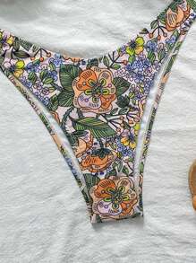 Swim Vcay Conjunto de bikini de dos piezas con estampado tropical, top halter y adorno metálico, traje de baño casual para vacaciones