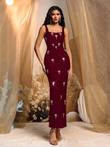 Glamrae 优雅迷人的手工金属水钻装饰宽肩带方领长绷带礼服，适合派对、宴会、典礼 - 酒紅色 - 查看 2