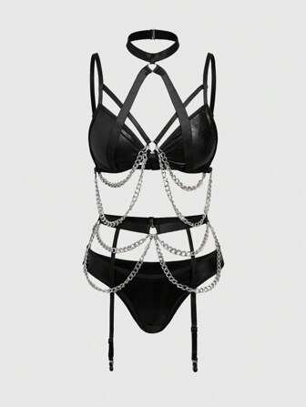 Gothic Punk Stil Kunstleder Metal Ketten Harness BH & String Dessous Set