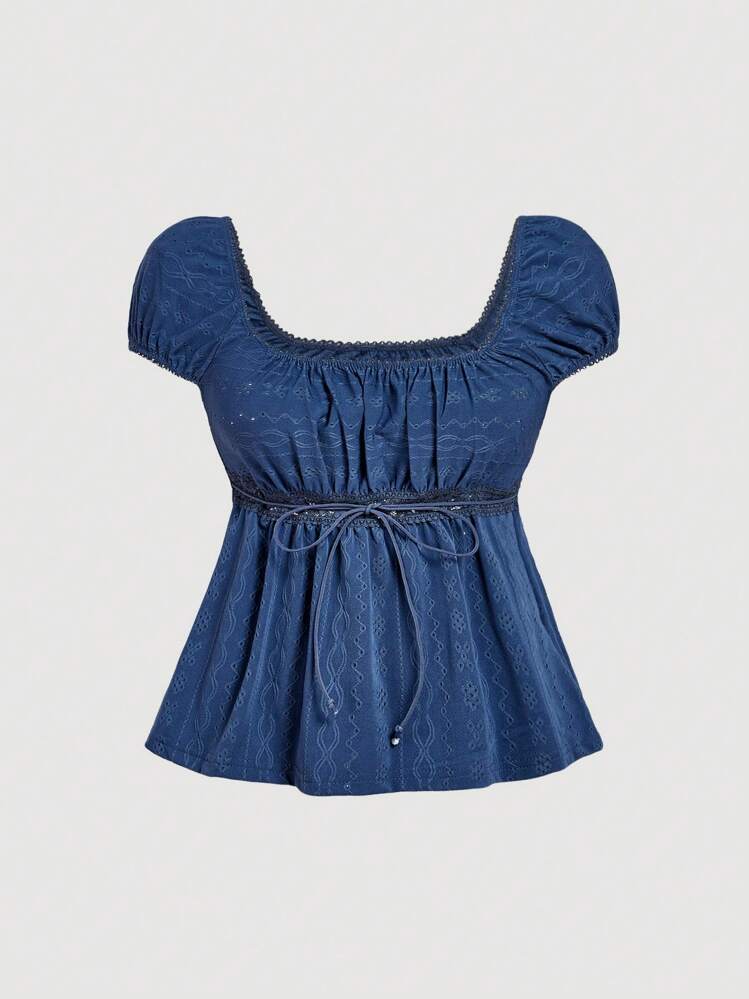 SHEIN MOD Camiseta azul de jacquard con busto fruncido y manga corta