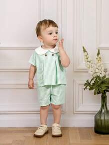 SHEIN 男童休闲条纹套头衫和直筒短裤两件套 - 彩色 - 查看 1