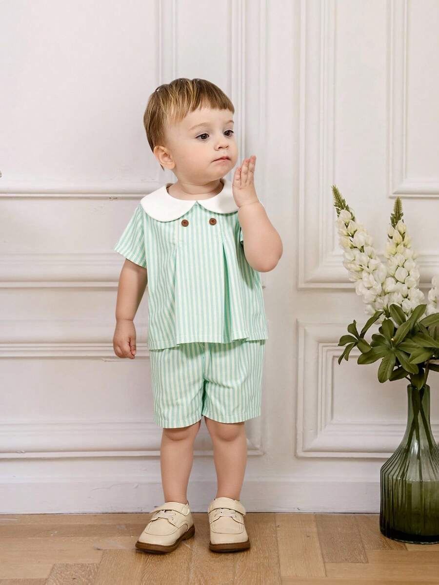 SHEIN 男童休闲条纹套头衫和直筒短裤两件套 - 彩色 - 查看 1