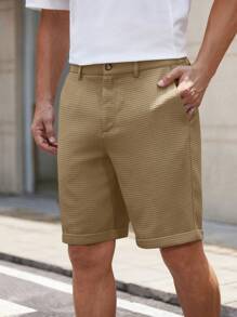 Manfinity VCAY Men's Woven Solid Color Mid-Waist Straight Leg Shorts, Suitable For Daily Wear, Spring/Summer Men Khaki Shorts Mens Work Shorts Men Brown Shorts Khaki Bermudas Mens Textured Shorts