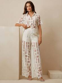 Anewsta Premium Embroidery & Lace Detail Short Sleeve Blouse And Wide Leg Pants Suit For Women - Apricot - View 1
