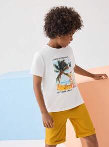 SHEIN 少年植物印花上衣和束腰短褲套裝 - 芥末黃 - 查看 2