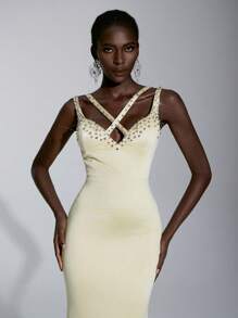 Glamrae 优雅奢华的浅黄色 V 领高腰美人鱼晚礼服，手工缝制钻石细节，正式场合礼服 - 淡黃色 - 查看 4