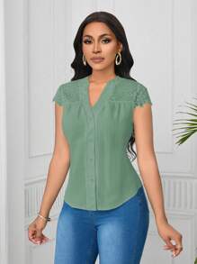 SHEIN Unity Blusa elegante de mujer con mangas cortas, de encaje y patrón de onda - Verde - Ver 4