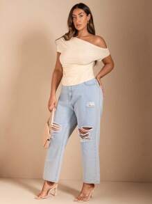 SHEIN Tall CURVE Plus Size Women Short Sleeve Solid Color Off Shoulder T-Shirt - Apricot - View 4