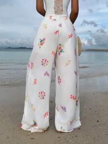 SHEIN EZwear Women's Vacation Casual Floral Print Wide Leg Pants - White - View 2