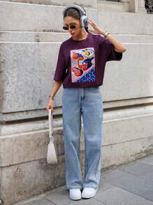 SHEIN Camisetas de mujer de manga corta con detalles impresos de unicolor