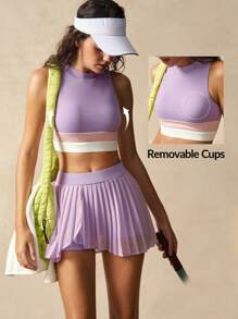 VARSIVA Workout Women Sets Women's Two-Tone Cropped Tank Top And Pleated Mini Workout Women Sets