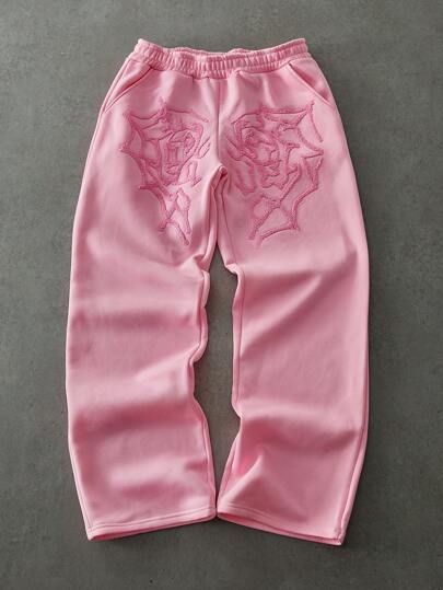 PAVTROS Manfinity Streetrush Men's Street Style, INS Matched With High Street Pink Spider Web Creative Heart 3D Embroidery Technique Pink Straight Loose Long Sweatpants. Featuring Oversized Graphic Embroidery Design, Pink Sweatpants