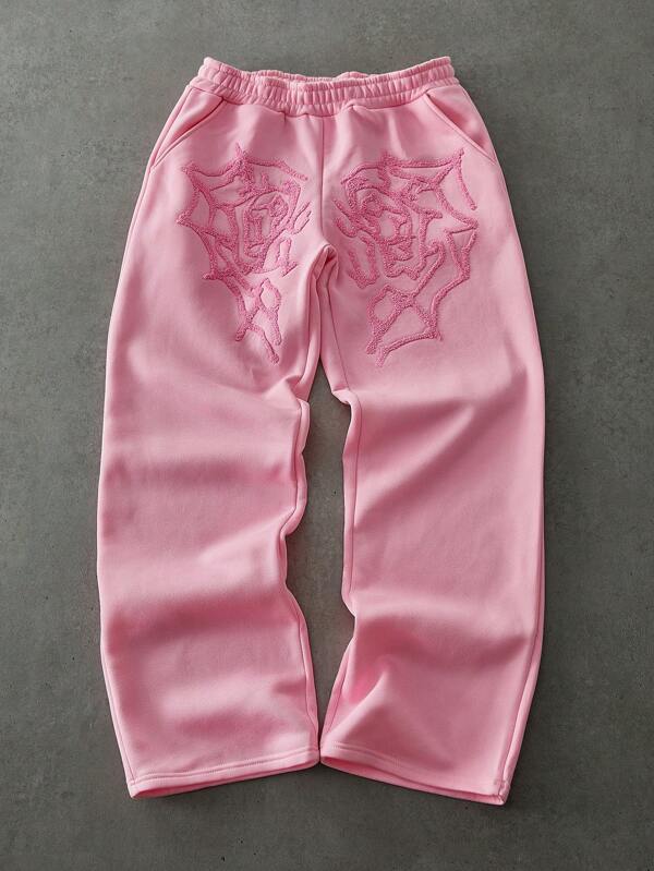 Manfinity Streetrush Pantalón de chándal de estilo callejero para hombres, popular, ajuste suelto, casual, con bordado de telaraña e imagen de corazón, regalo perfecto para novios/esposos, aniversarios, color rosa