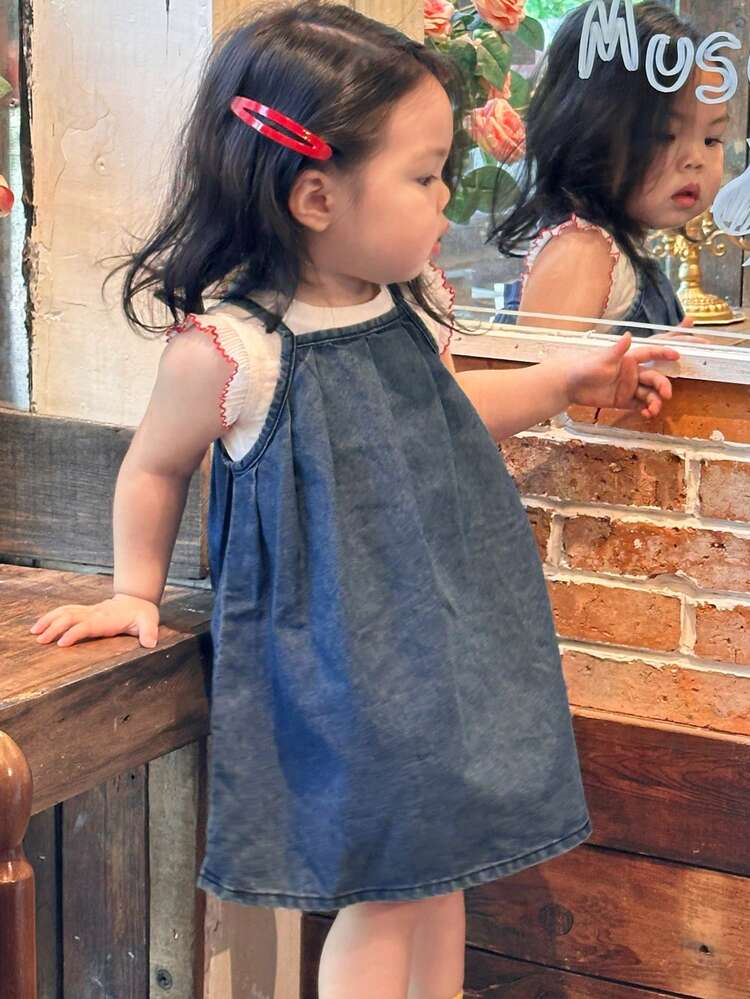 Toddler Girls' Summer Washed Strap Pleated Mid-Length Korean Cute Strap Denim Dress