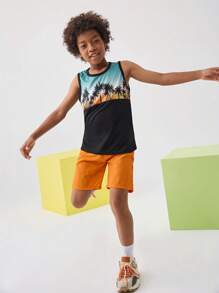 SHEIN Tween Boy Palm Tree Print Contrast Binding Tank Top & Drawstring Waist Shorts - Multicolor - View 6