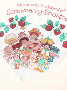 Strawberry Shortcake | ROMWE Women's Letter And Cartoon Pattern Colorblock Fitted Short Sleeve T-Shirt - Apricot - View 3