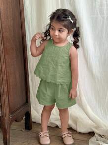 LMoss Kids 2 Stücke/Set Baby Mädchen einfarbiges Rundhalsausschnitt Lässig Top und Shorts Set