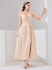 Poshira Vestido de fiesta para mujer con textura de unicolor sin tirantes (muy adornado) - Albaricoque - Ver 6