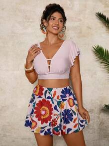 Travachic 大码女式V领印花比基尼套装，海滩度假泳装 - 彩色 - 查看 2